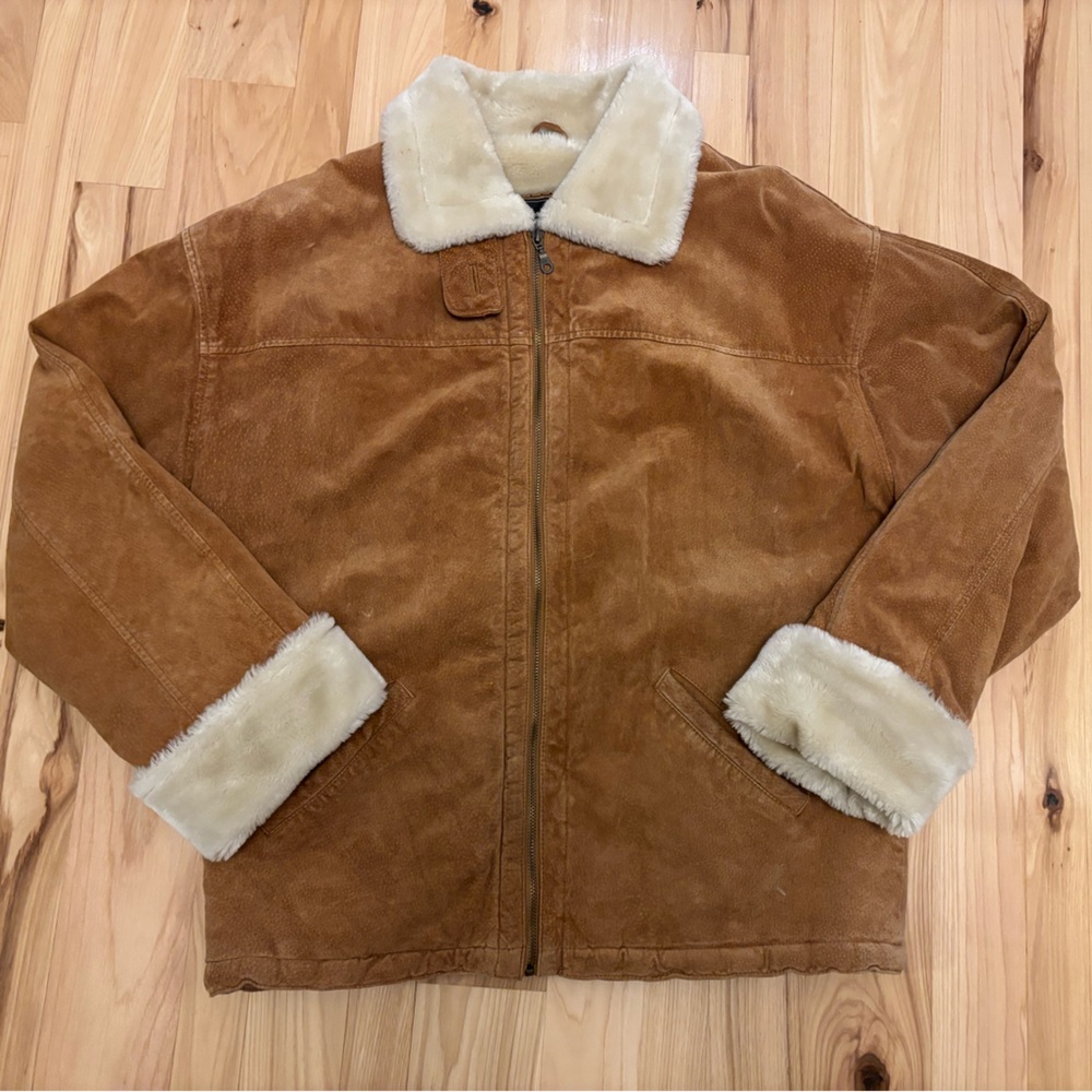 Leather Adult Sz XL Tan Leather Bomber Suede Jacket Coat Faux Fur Trim Boho - Picture 4 of 9